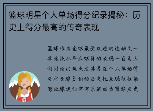 篮球明星个人单场得分纪录揭秘：历史上得分最高的传奇表现
